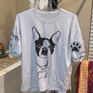 White puff sleeve graphic t-shirt with black rhinestones